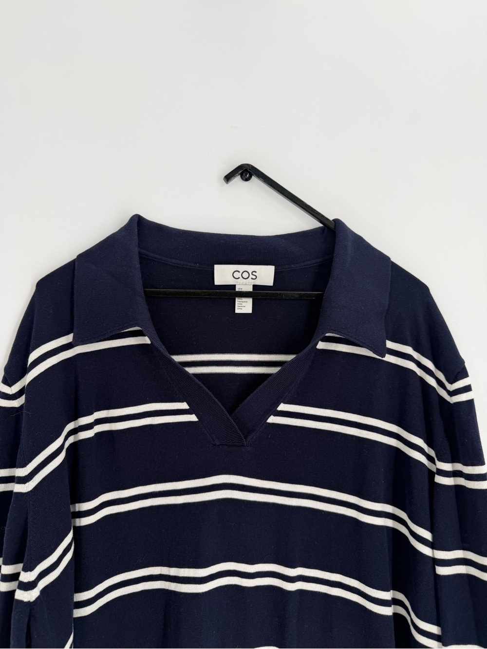 Cos Knitted Silk Blend Polo Collared Striped Long Sleeve Shirt In Navy